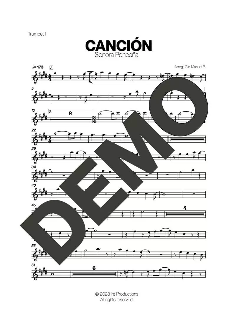 Sonora Ponceña – Canción – Sheet Music Demo Page 1 (PDF) – Includes charts for Trumpets, Trombones, Saxophone, Piano and Bass