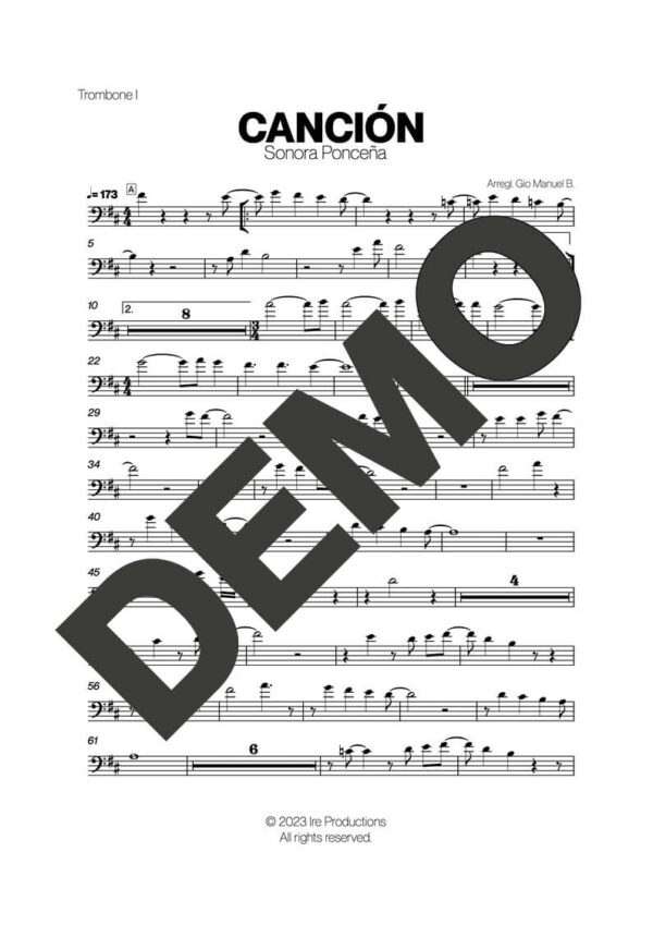 Sonora Ponceña – Canción – Sheet Music Demo Page 2 (PDF) – Includes charts for Trumpets, Trombones, Saxophone, Piano and Bass