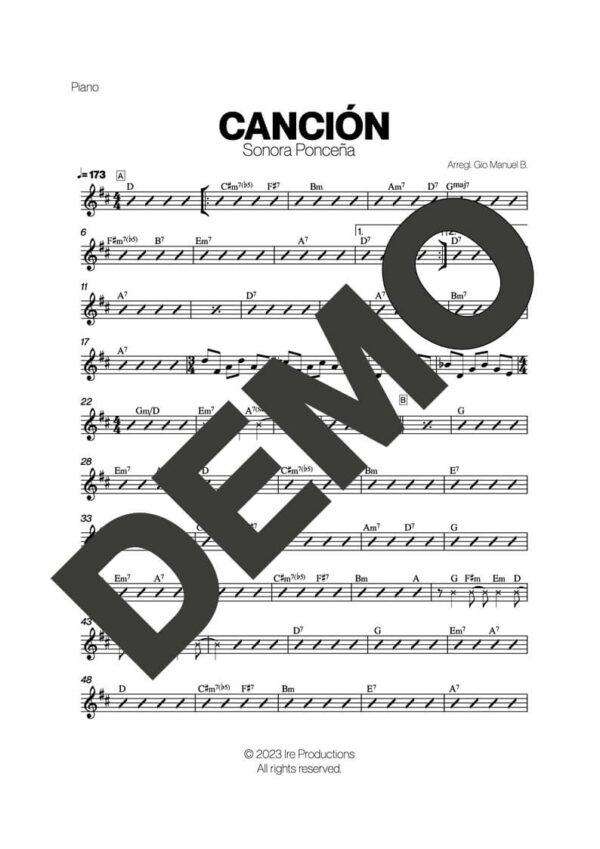 Sonora Ponceña – Canción – Sheet Music Demo Page 3 (PDF) – Includes charts for Trumpets, Trombones, Saxophone, Piano and Bass
