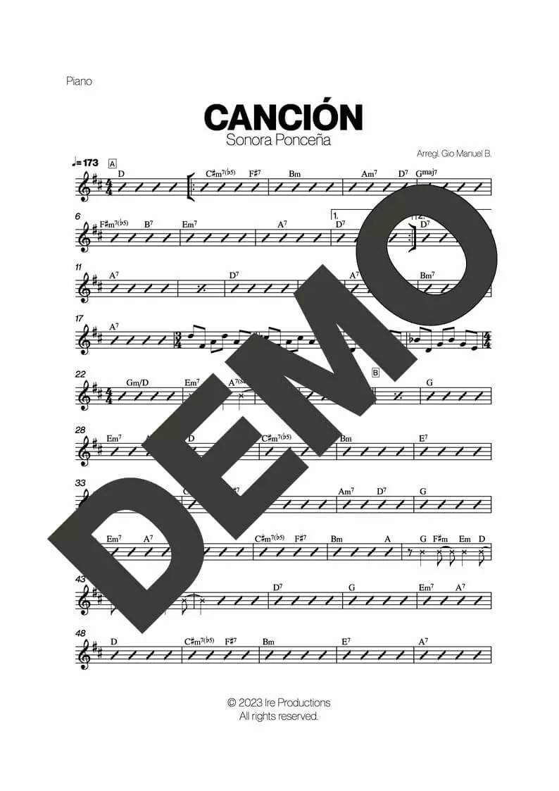 Sonora Ponceña – Canción – Sheet Music Demo Page 3 (PDF) – Includes charts for Trumpets, Trombones, Saxophone, Piano and Bass