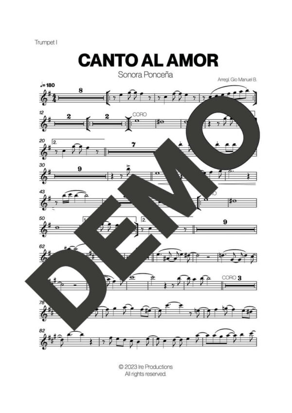 Sonora Ponceña – Canto al Amor – Sheet Music Demo Page 1 (PDF) – Includes charts for Trumpets, Trombones, Saxophone, Piano and Bass