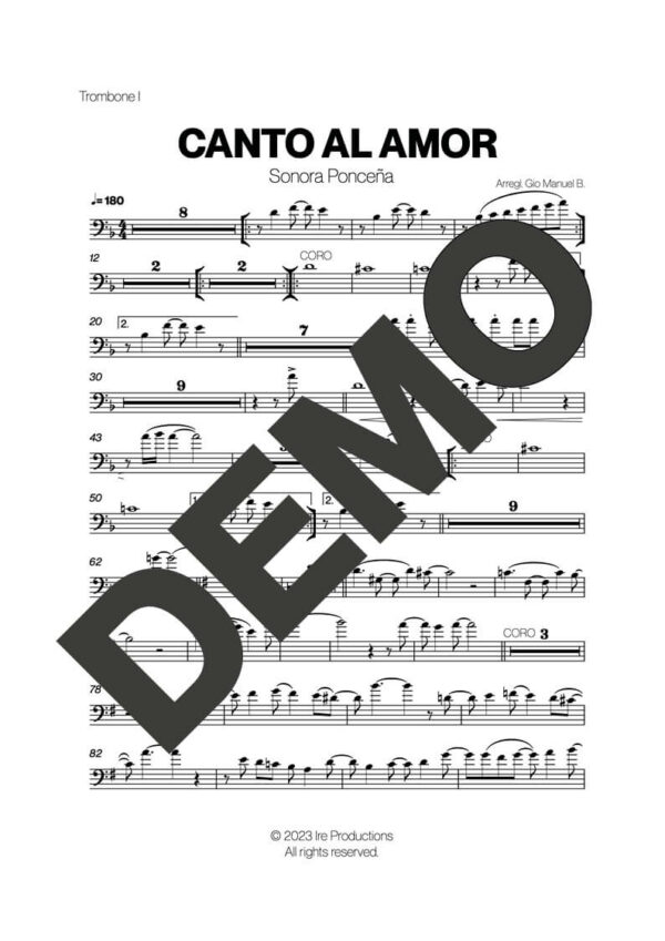Sonora Ponceña – Canto al Amor – Sheet Music Demo Page 2 (PDF) – Includes charts for Trumpets, Trombones, Saxophone, Piano and Bass