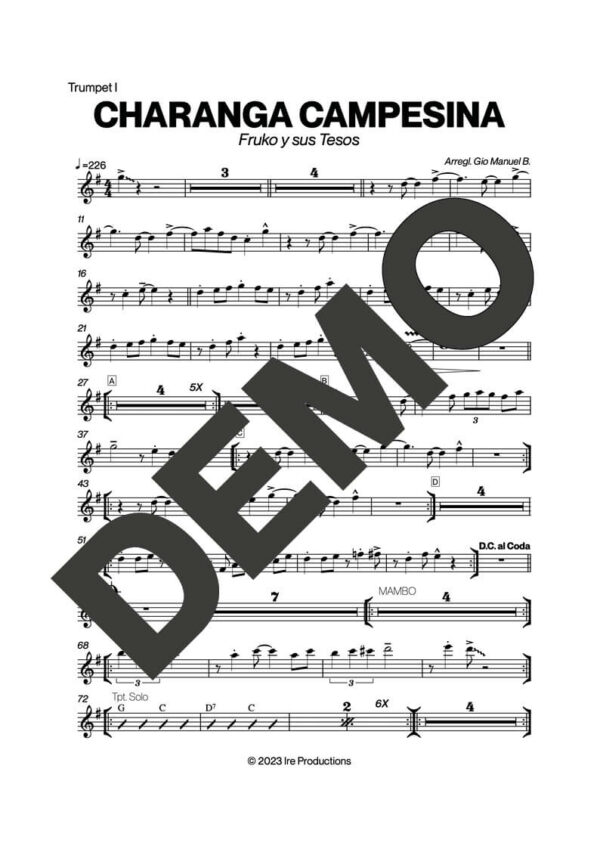 Fruko y sus Tesos – Charanga Campesina – First Page of Sheet Music Preview (PDF) – Includes charts for Trumpets, Trombones, Saxophone, Piano and Bass