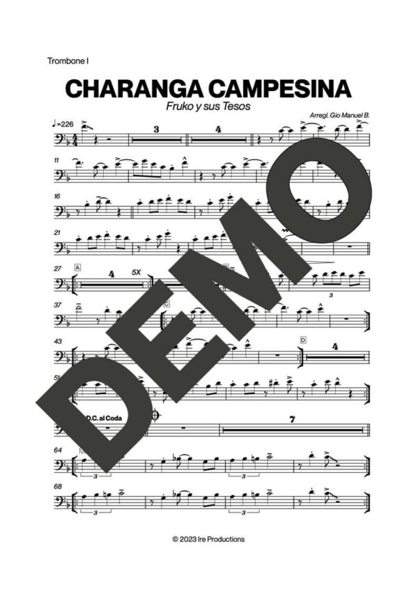 Fruko y sus Tesos – Charanga Campesina – Sheet Music Demo Page 1 (PDF) – Includes charts for Trumpets, Trombones, Saxophone, Piano and Bass