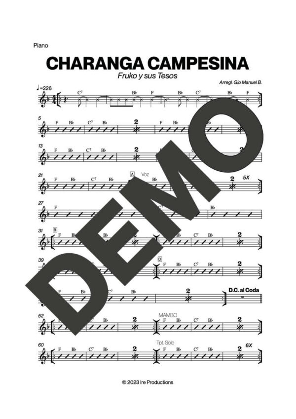 Fruko y sus Tesos – Charanga Campesina – Sheet Music Demo Page 2 (PDF) – Includes charts for Trumpets, Trombones, Saxophone, Piano and Bass