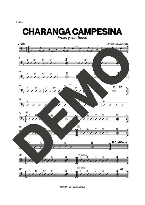 Fruko y sus Tesos – Charanga Campesina – Sheet Music Demo Page 3 (PDF) – Includes charts for Trumpets, Trombones, Saxophone, Piano and Bass