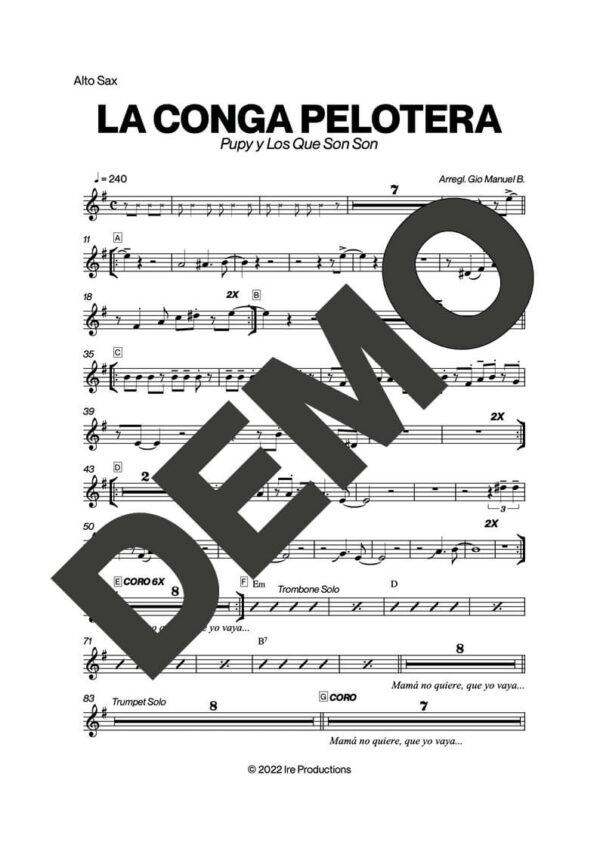 Pupy y Los Que Son Son – La Conga Pelotera – First Page of Sheet Music Preview (PDF) – Includes charts for Trumpets, Trombones, Saxophone, Piano and Bass