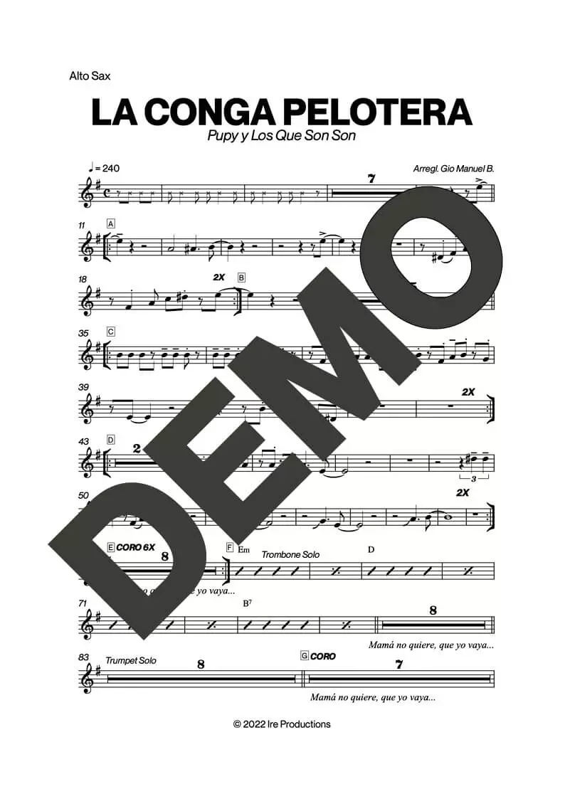 Pupy y Los Que Son Son – La Conga Pelotera – First Page of Sheet Music Preview (PDF) – Includes charts for Trumpets, Trombones, Saxophone, Piano and Bass