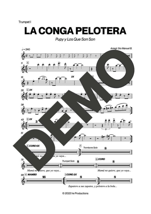 Pupy y Los Que Son Son – La Conga Pelotera – Sheet Music Demo Page 1 (PDF) – Includes charts for Trumpets, Trombones, Saxophone, Piano and Bass