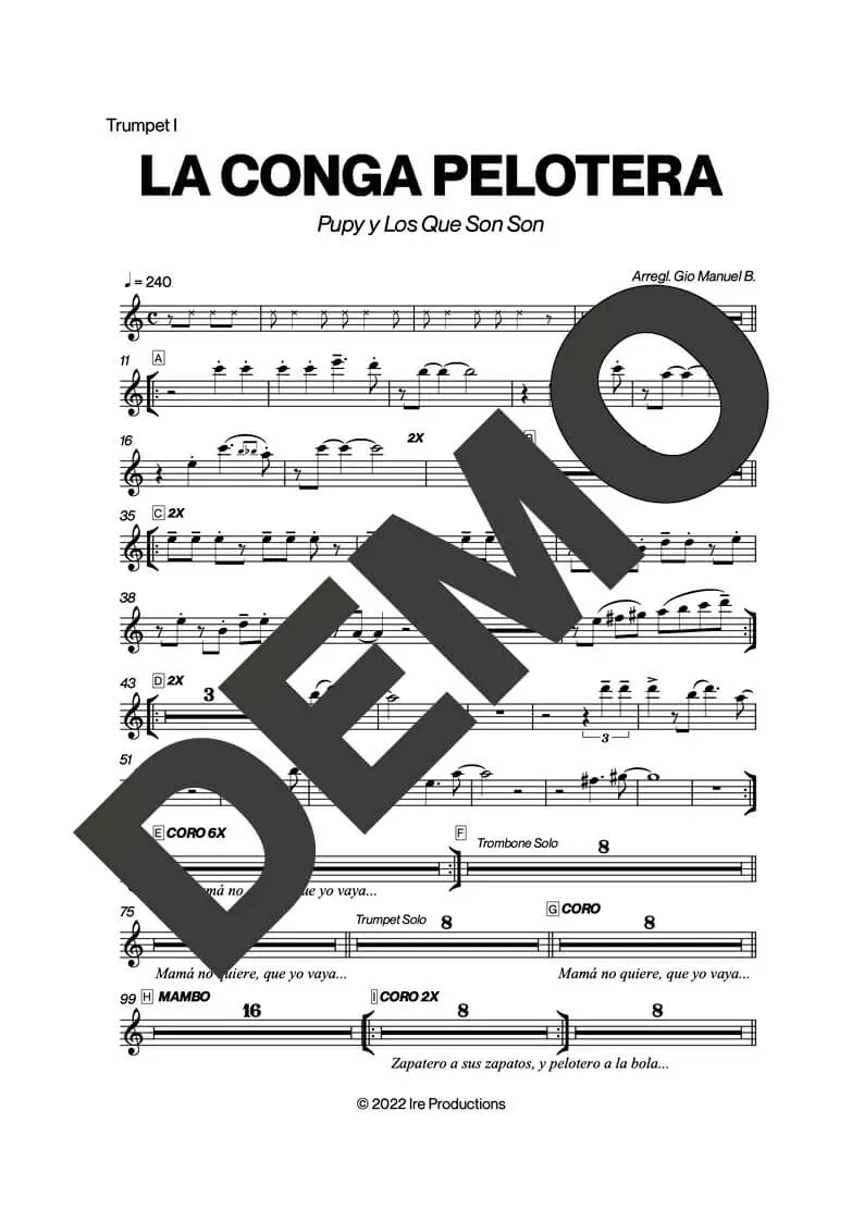 Pupy y Los Que Son Son – La Conga Pelotera – Sheet Music Demo Page 1 (PDF) – Includes charts for Trumpets, Trombones, Saxophone, Piano and Bass