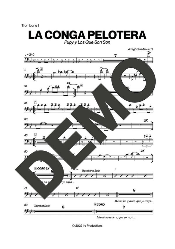 Pupy y Los Que Son Son – La Conga Pelotera – Sheet Music Demo Page 2 (PDF) – Includes charts for Trumpets, Trombones, Saxophone, Piano and Bass