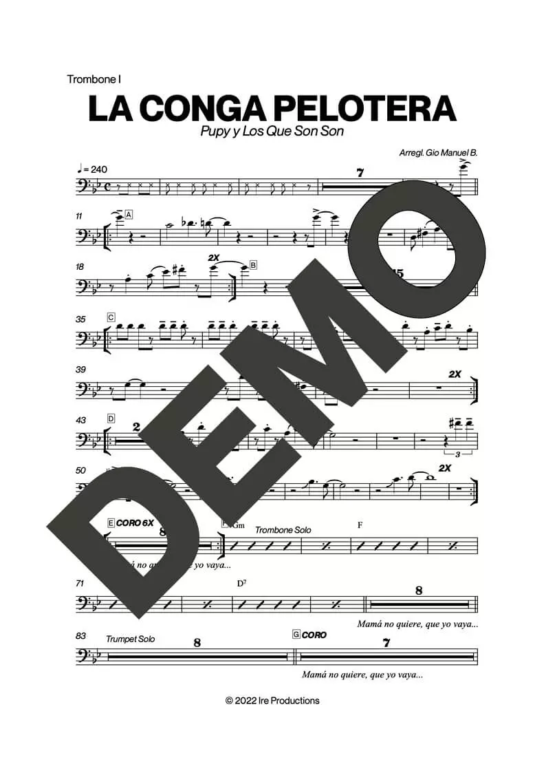 Pupy y Los Que Son Son – La Conga Pelotera – Sheet Music Demo Page 2 (PDF) – Includes charts for Trumpets, Trombones, Saxophone, Piano and Bass
