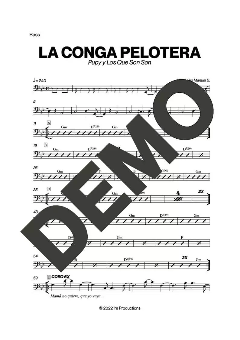 Pupy y Los Que Son Son – La Conga Pelotera – Sheet Music Demo Page 4 (PDF) – Includes charts for Trumpets, Trombones, Saxophone, Piano and Bass
