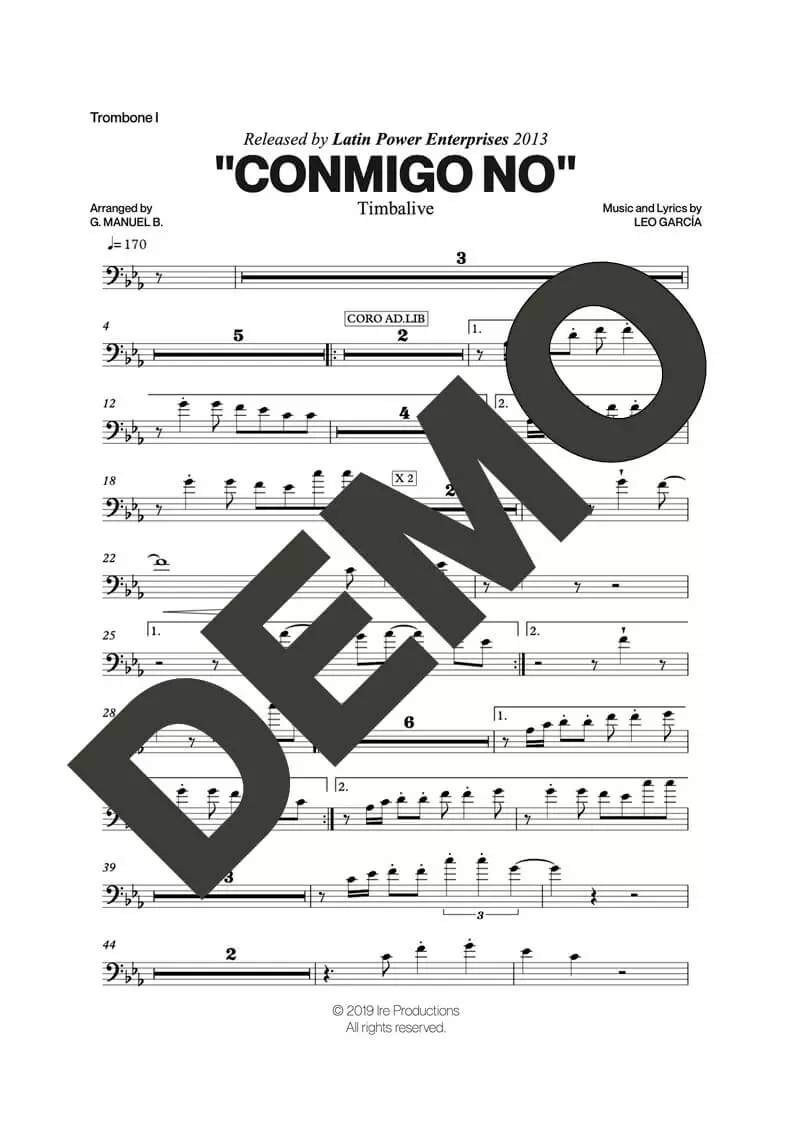 Timbalive – Conmigo No – Sheet Music Demo Page 2 (PDF) – Includes charts for Trumpets, Trombones, Saxophone, Piano and Bass