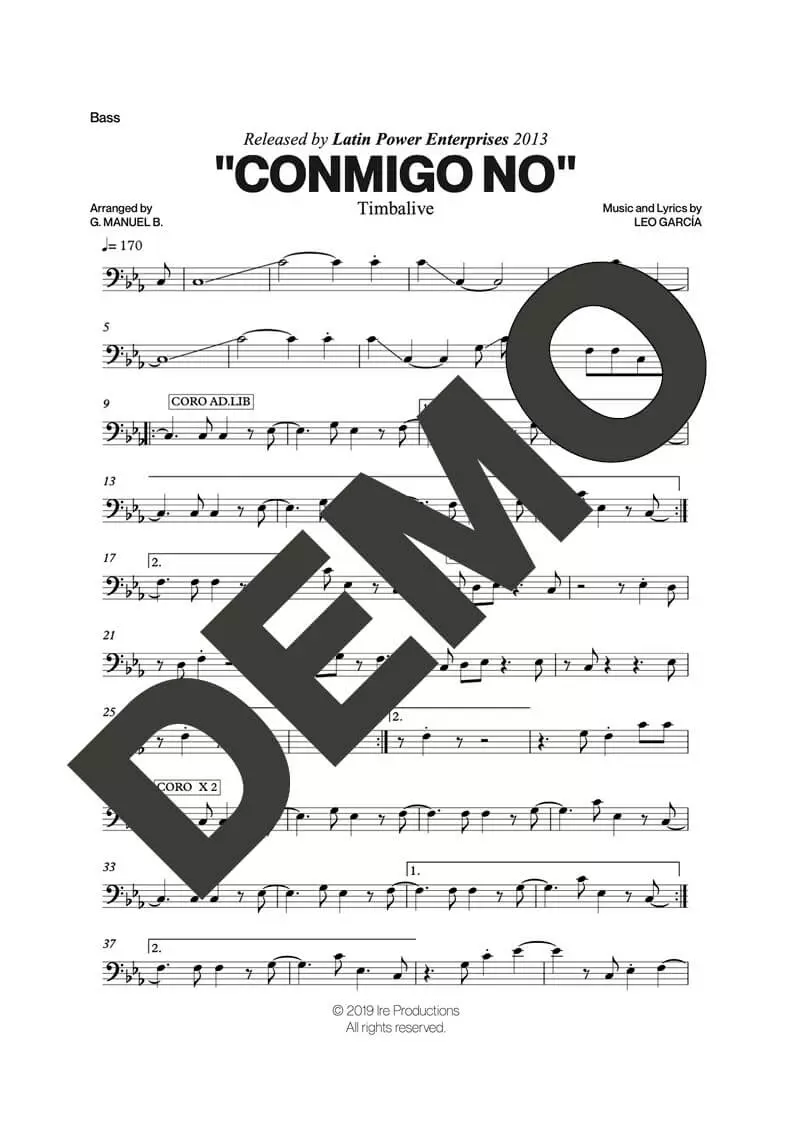 Timbalive – Conmigo No – Sheet Music Demo Page 4 (PDF) – Includes charts for Trumpets, Trombones, Saxophone, Piano and Bass