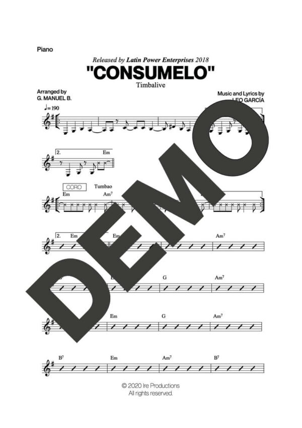 Timbalive – Consumelo – Sheet Music Demo Page 3 (PDF) – Includes charts for Trumpets, Trombones, Saxophone, Piano and Bass