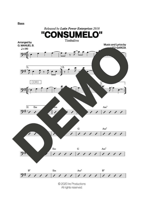 Timbalive – Consumelo – Sheet Music Demo Page 4 (PDF) – Includes charts for Trumpets, Trombones, Saxophone, Piano and Bass