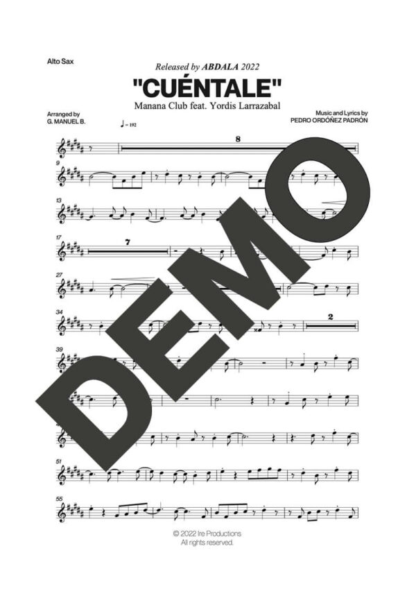 Manana Club|Yordis Larrazábal – Cuéntale feat. Yordis Larrazabal – First Page of Sheet Music Preview (PDF) – Includes charts for Trumpets, Trombones, Saxophone, Piano and Bass