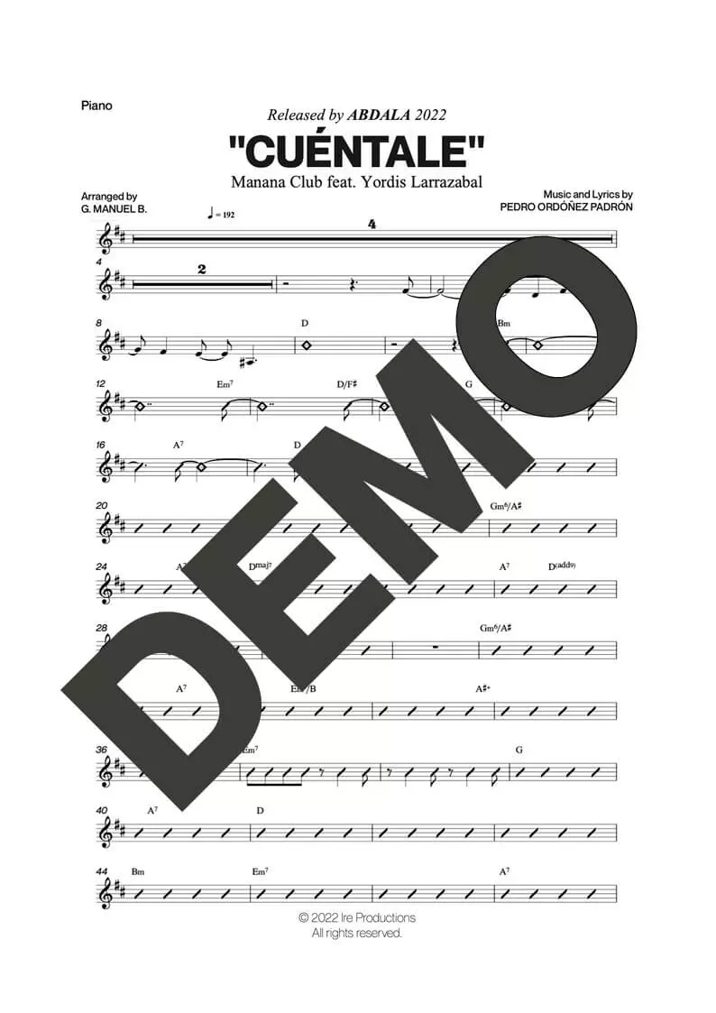 Manana Club|Yordis Larrazábal – Cuéntale feat. Yordis Larrazabal – Sheet Music Demo Page 4 (PDF) – Includes charts for Trumpets, Trombones, Saxophone, Piano and Bass