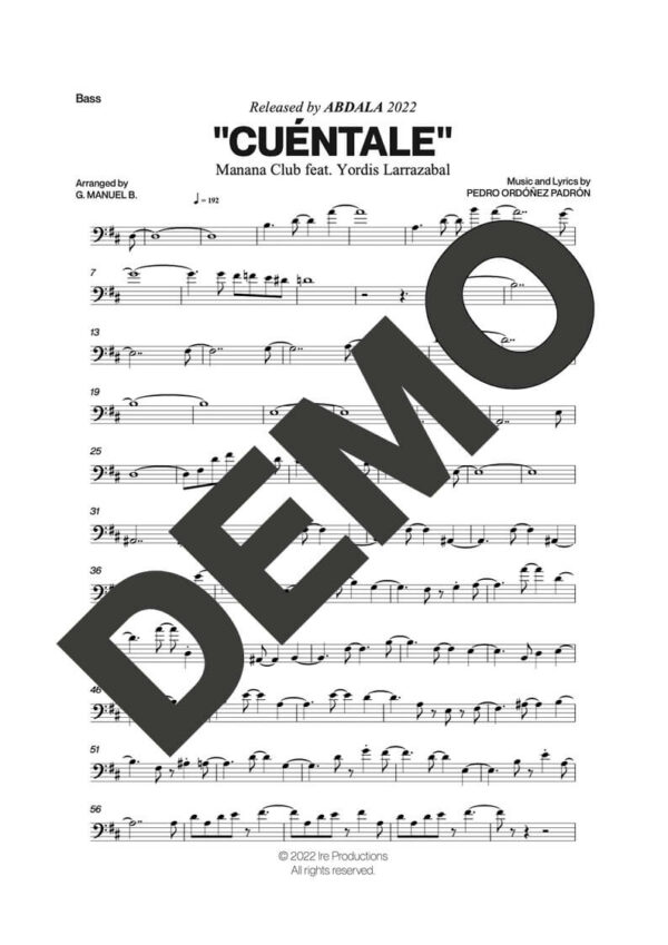 Manana Club|Yordis Larrazábal – Cuéntale feat. Yordis Larrazabal – Sheet Music Demo Page 5 (PDF) – Includes charts for Trumpets, Trombones, Saxophone, Piano and Bass