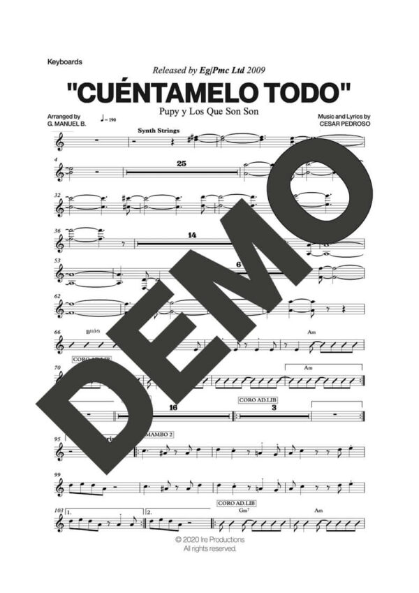 Pupy y Los Que Son Son – Cuéntamelo Todo – Sheet Music Demo Page 4 (PDF) – Includes charts for Trumpets, Trombones, Saxophone, Piano and Bass