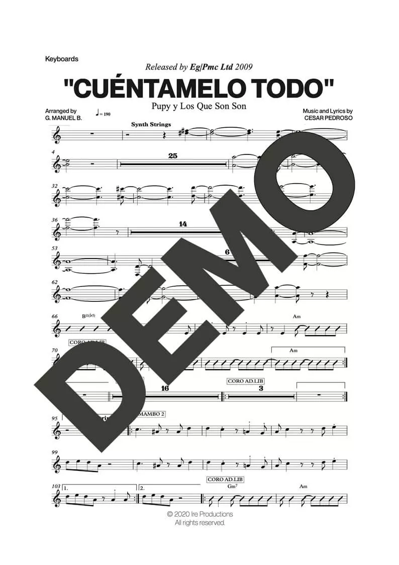 Pupy y Los Que Son Son – Cuéntamelo Todo – Sheet Music Demo Page 4 (PDF) – Includes charts for Trumpets, Trombones, Saxophone, Piano and Bass