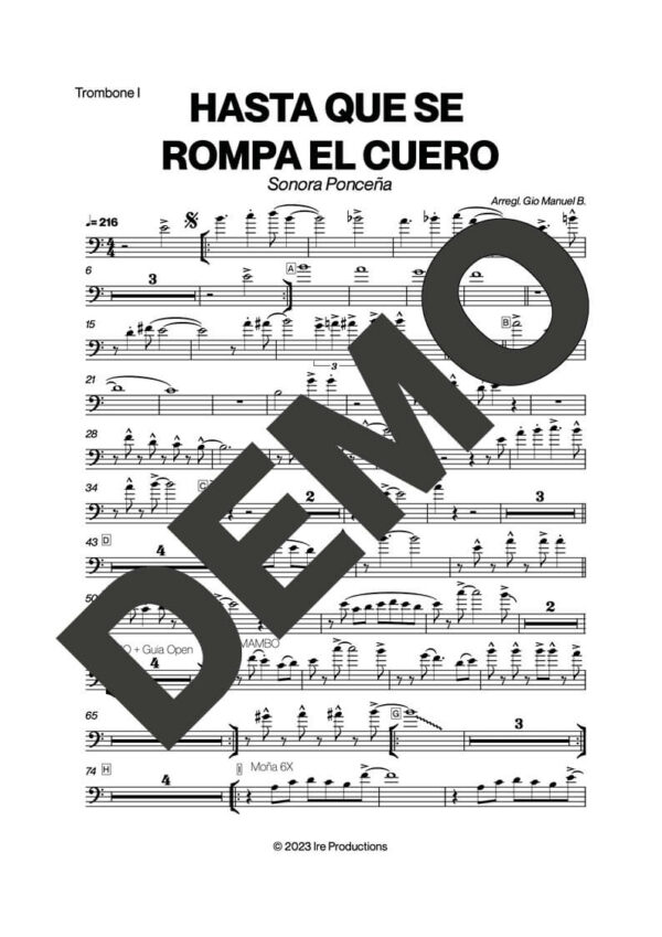 Sonora Ponceña – Hasta Que Se Rompa El Cuero – Sheet Music Demo Page 1 (PDF) – Includes charts for Trumpets, Trombones, Saxophone, Piano and Bass