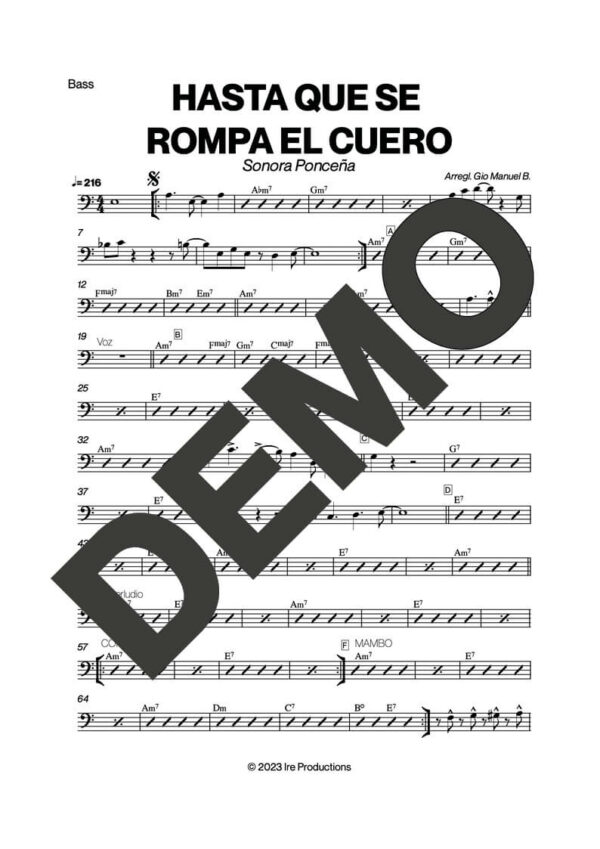 Sonora Ponceña – Hasta Que Se Rompa El Cuero – Sheet Music Demo Page 3 (PDF) – Includes charts for Trumpets, Trombones, Saxophone, Piano and Bass