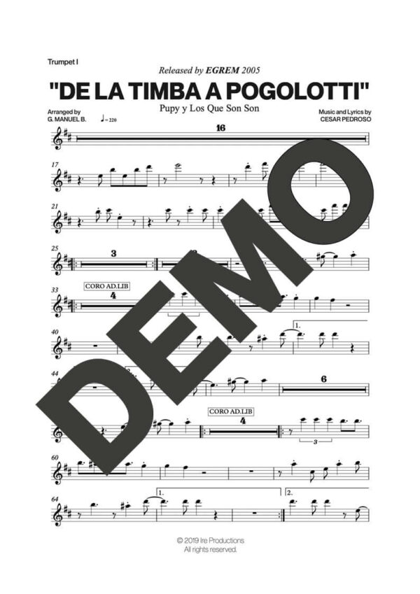 Pupy y Los Que Son Son – De La Timba a Pogolotti – Sheet Music Demo Page 1 (PDF) – Includes charts for Trumpets, Trombones, Saxophone, Piano and Bass