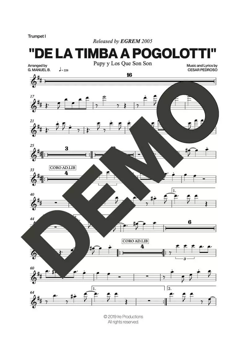 Pupy y Los Que Son Son – De La Timba a Pogolotti – Sheet Music Demo Page 1 (PDF) – Includes charts for Trumpets, Trombones, Saxophone, Piano and Bass