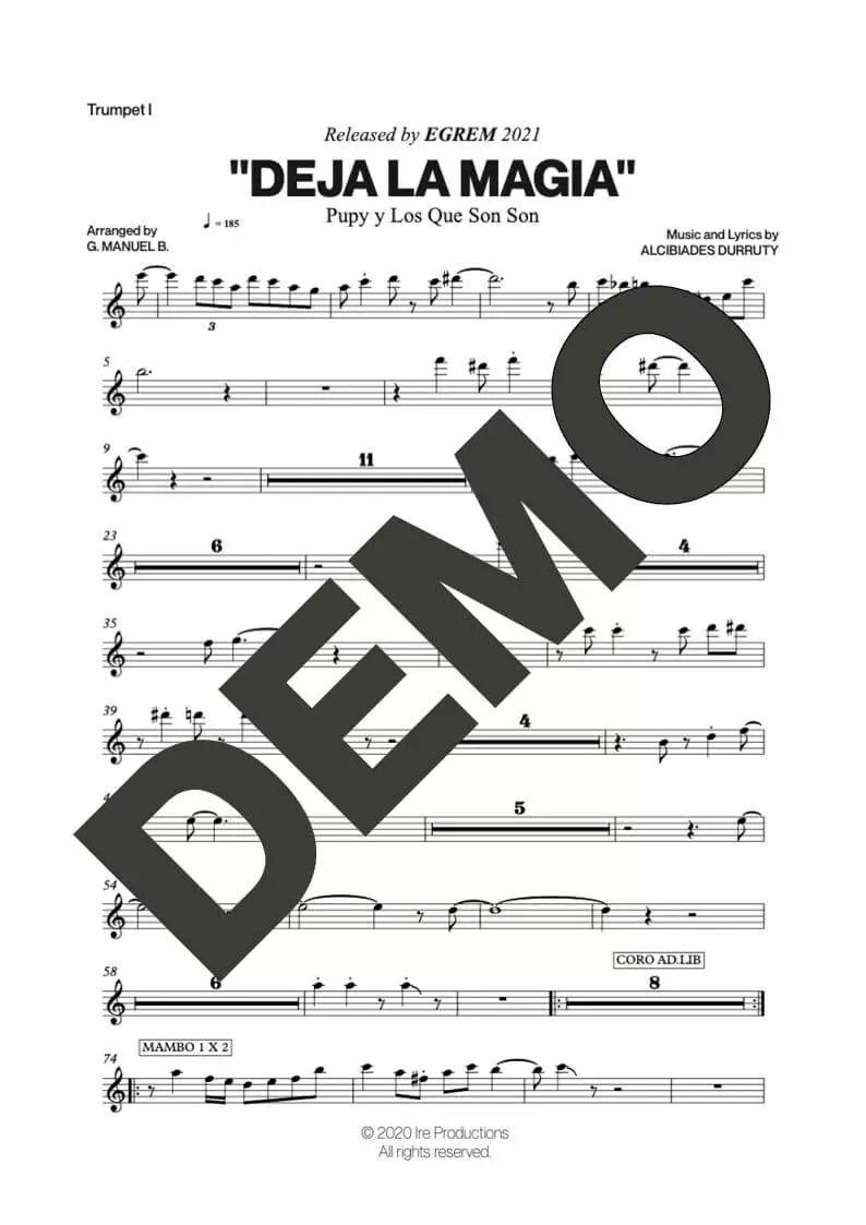 Pupy y Los Que Son Son – Deja la Magia – Sheet Music Demo Page 1 (PDF) – Includes charts for Trumpets, Trombones, Saxophone, Piano and Bass