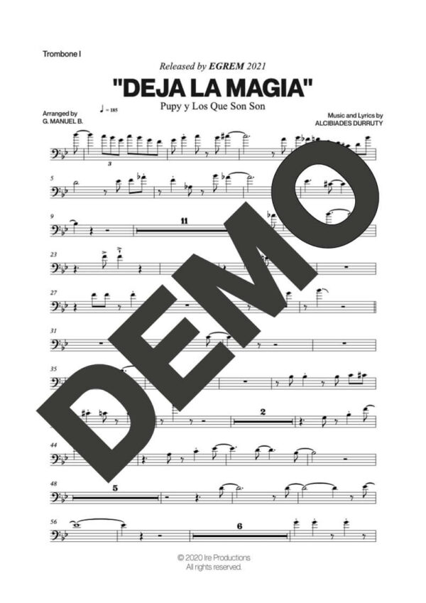 Pupy y Los Que Son Son – Deja la Magia – Sheet Music Demo Page 2 (PDF) – Includes charts for Trumpets, Trombones, Saxophone, Piano and Bass