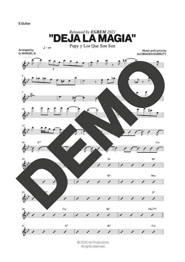Pupy y Los Que Son Son – Deja la Magia – Sheet Music Demo Page 3 (PDF) – Includes charts for Trumpets, Trombones, Saxophone, Piano and Bass