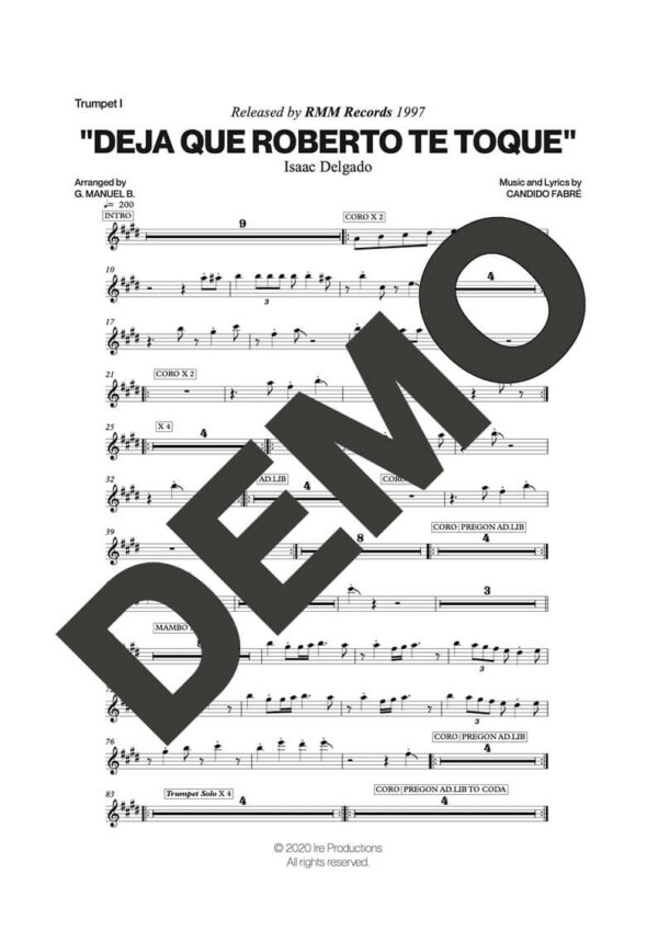Issac Delgado – Deja que Roberto te Toque – Sheet Music Demo Page 1 (PDF) – Includes charts for Trumpets, Trombones, Saxophone, Piano and Bass