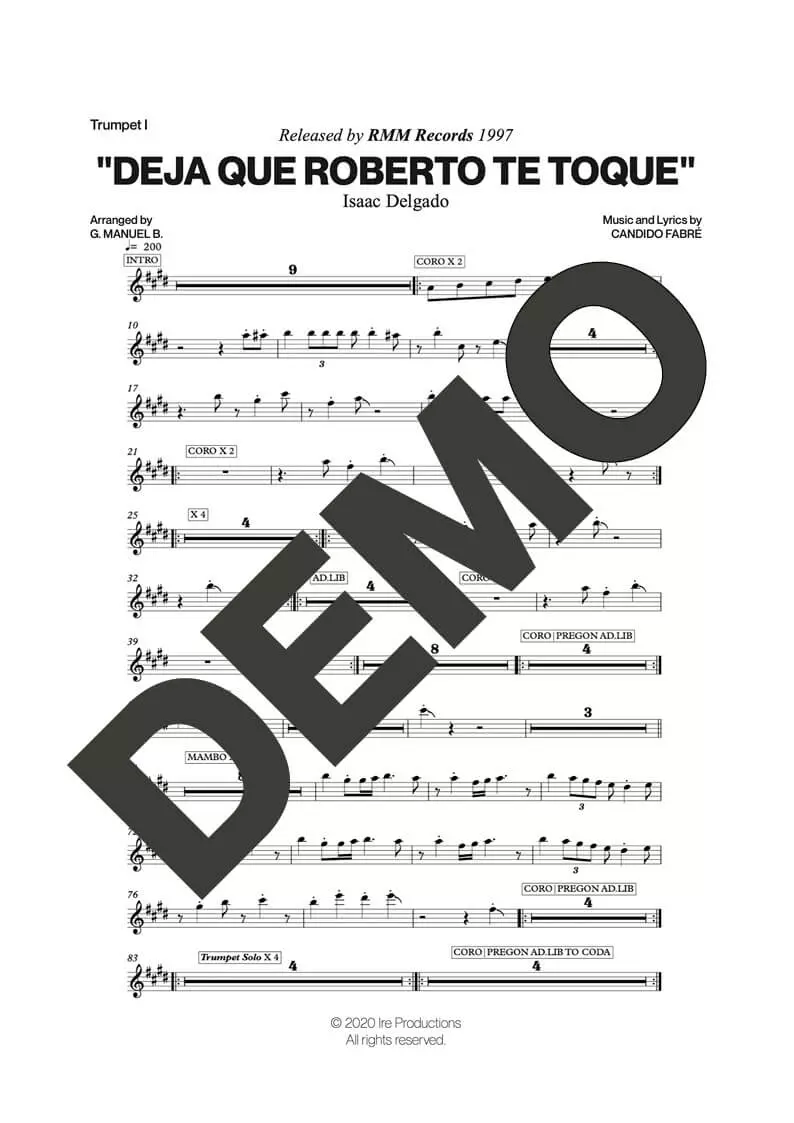 Issac Delgado – Deja que Roberto te Toque – Sheet Music Demo Page 1 (PDF) – Includes charts for Trumpets, Trombones, Saxophone, Piano and Bass