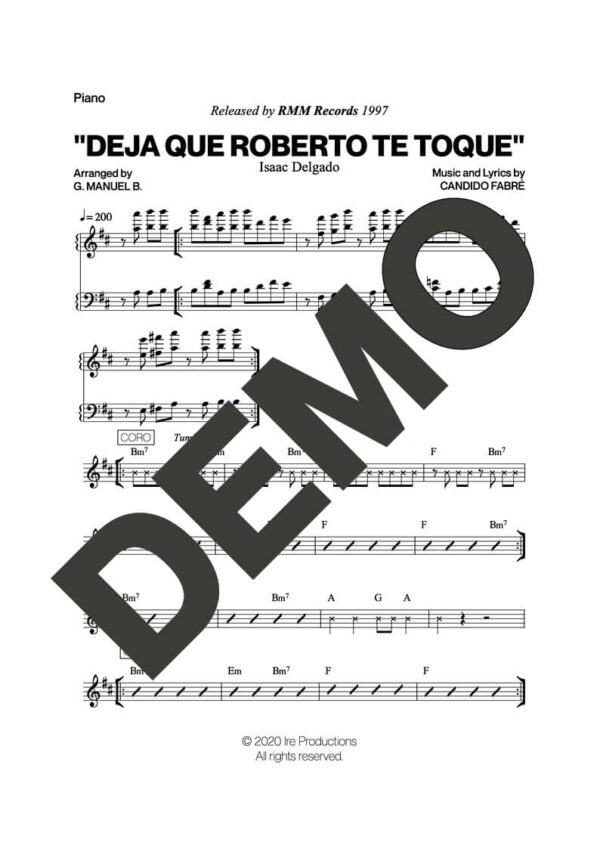 Issac Delgado – Deja que Roberto te Toque – Sheet Music Demo Page 3 (PDF) – Includes charts for Trumpets, Trombones, Saxophone, Piano and Bass