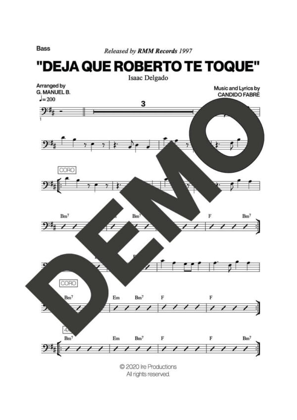 Issac Delgado – Deja que Roberto te Toque – Sheet Music Demo Page 4 (PDF) – Includes charts for Trumpets, Trombones, Saxophone, Piano and Bass