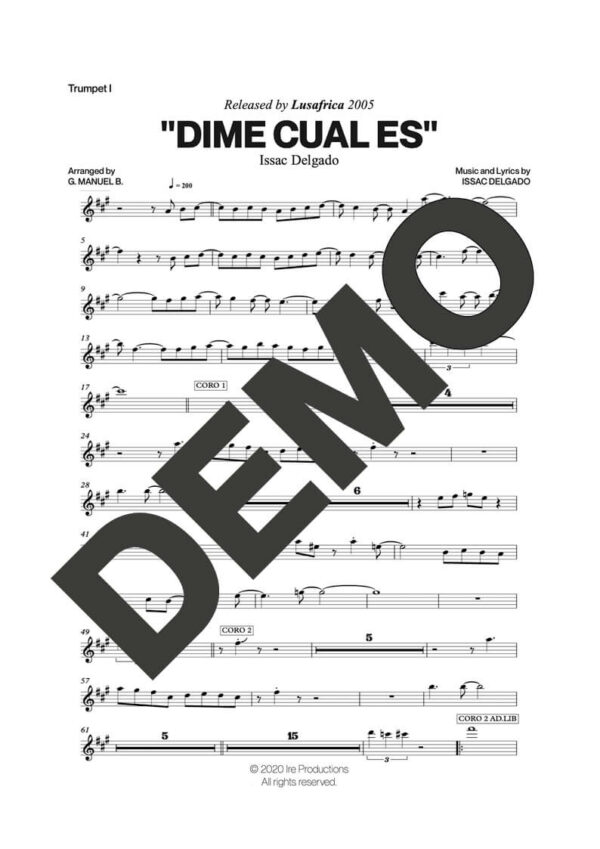 Issac Delgado – Dime Cual Es (Tu Guapería) – Sheet Music Demo Page 1 (PDF) – Includes charts for Trumpets, Trombones, Saxophone, Piano and Bass