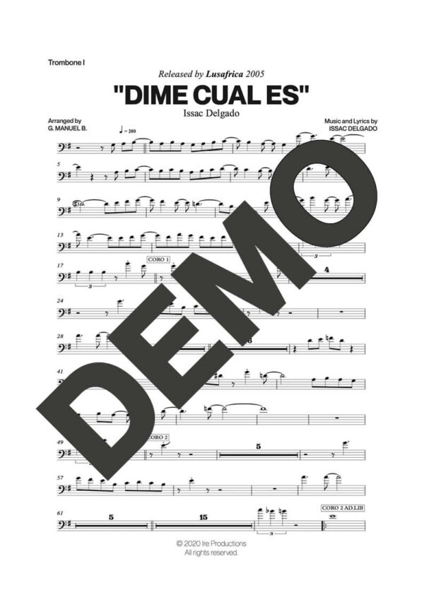 Issac Delgado – Dime Cual Es (Tu Guapería) – Sheet Music Demo Page 2 (PDF) – Includes charts for Trumpets, Trombones, Saxophone, Piano and Bass