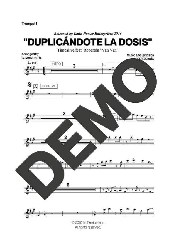 Los Van Van|Timbalive – Duplicándote La Dosis – Sheet Music Demo Page 1 (PDF) – Includes charts for Trumpets, Trombones, Saxophone, Piano and Bass