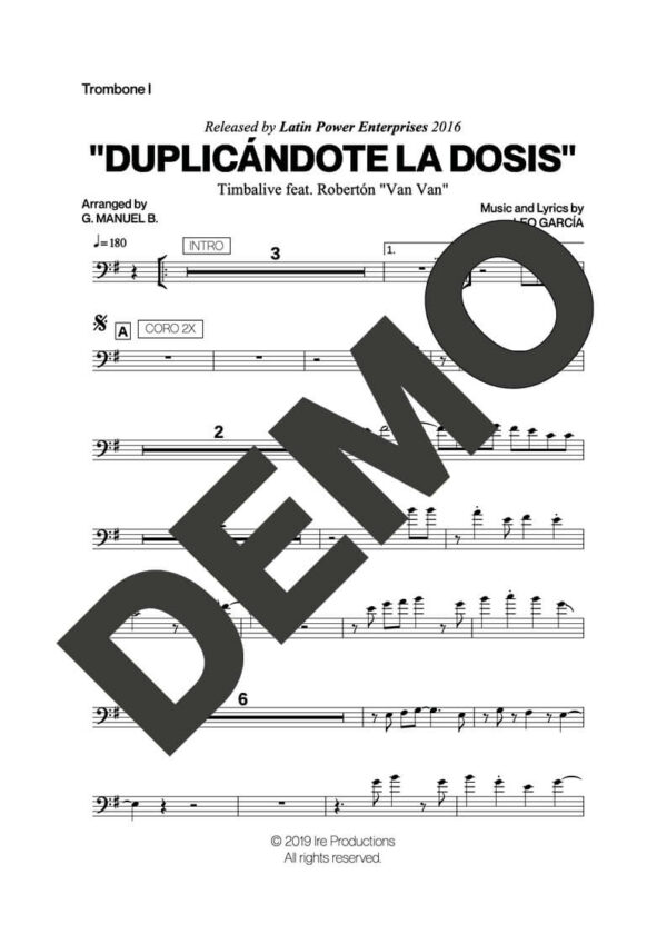 Los Van Van|Timbalive – Duplicándote La Dosis – Sheet Music Demo Page 2 (PDF) – Includes charts for Trumpets, Trombones, Saxophone, Piano and Bass
