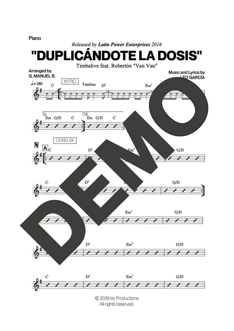 Los Van Van|Timbalive – Duplicándote La Dosis – Sheet Music Demo Page 3 (PDF) – Includes charts for Trumpets, Trombones, Saxophone, Piano and Bass