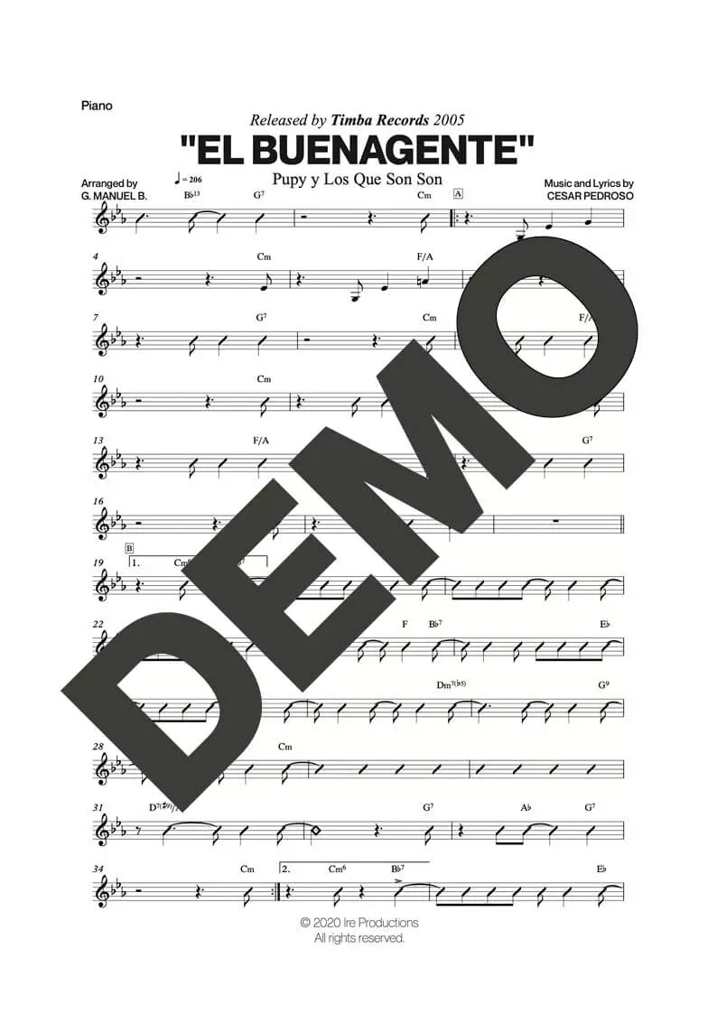 Pupy y Los Que Son Son – El Buenagente – Sheet Music Demo Page 3 (PDF) – Includes charts for Trumpets, Trombones, Saxophone, Piano and Bass