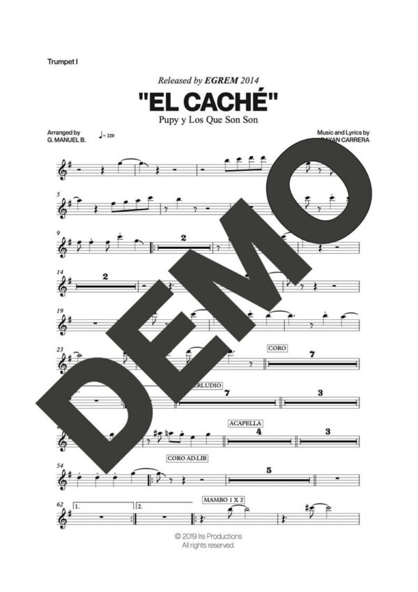 Pupy y Los Que Son Son – El Caché – Sheet Music Demo Page 1 (PDF) – Includes charts for Trumpets, Trombones, Saxophone, Piano and Bass