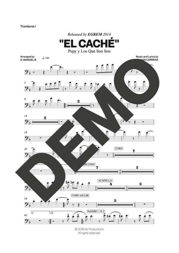 Pupy y Los Que Son Son – El Caché – Sheet Music Demo Page 2 (PDF) – Includes charts for Trumpets, Trombones, Saxophone, Piano and Bass