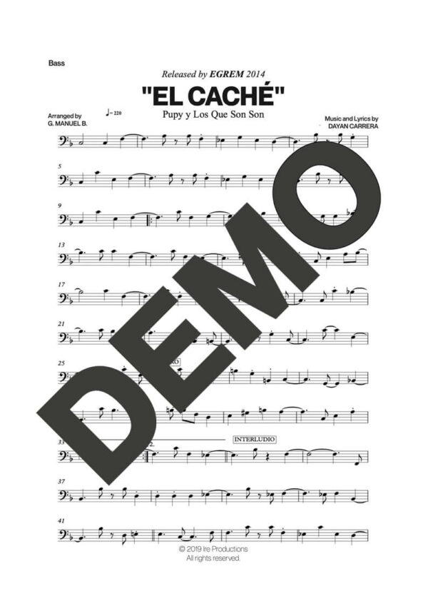 Pupy y Los Que Son Son – El Caché – Sheet Music Demo Page 4 (PDF) – Includes charts for Trumpets, Trombones, Saxophone, Piano and Bass
