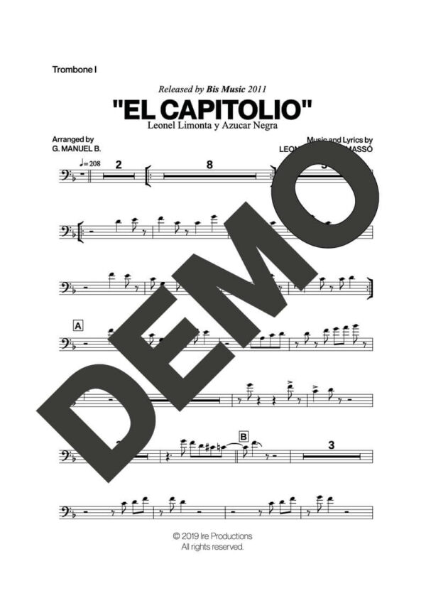 Azúcar Negra – El Capitolio – Sheet Music Demo Page 1 (PDF) – Includes charts for Trumpets, Trombones, Saxophone, Piano and Bass