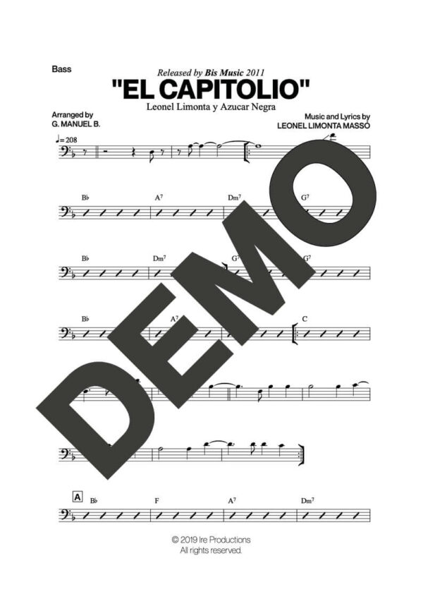 Azúcar Negra – El Capitolio – Sheet Music Demo Page 3 (PDF) – Includes charts for Trumpets, Trombones, Saxophone, Piano and Bass