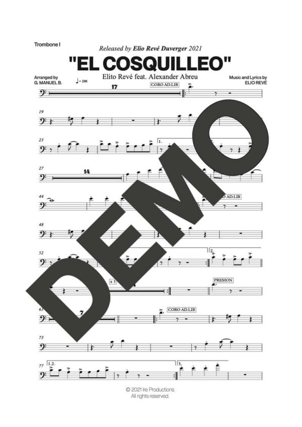 Alexander Abreu|Elito Revé y Su Charangón – El Cosquilleo feat. Alexander Abreu – Sheet Music Demo Page 1 (PDF) – Includes charts for Trumpets, Trombones, Saxophone, Piano and Bass