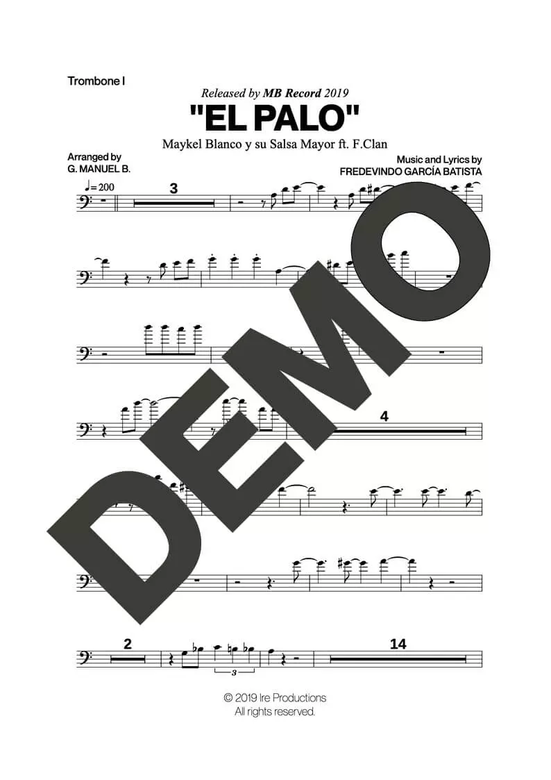 FClan|Maykel Blanco y su Salsa Mayor – El Palo – Sheet Music Demo Page 1 (PDF) – Includes charts for Trumpets, Trombones, Saxophone, Piano and Bass